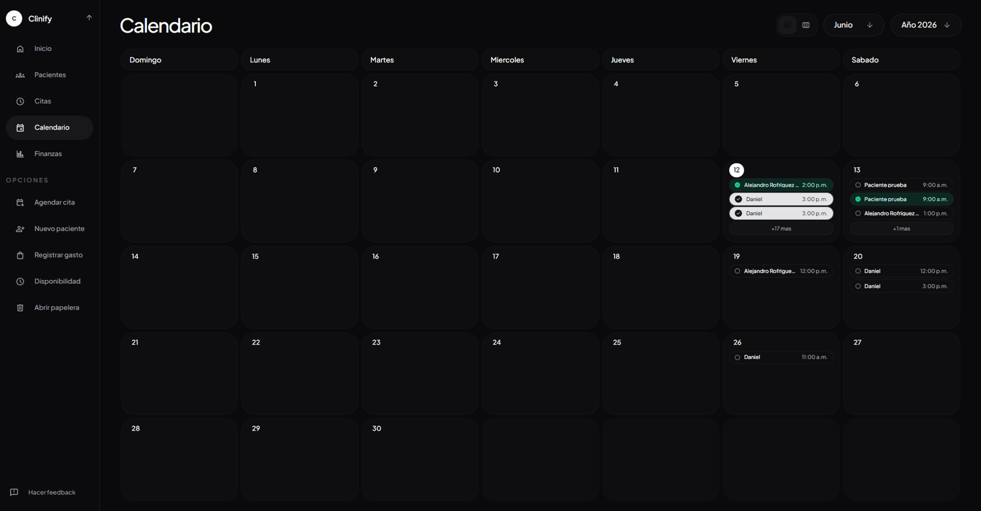 Pantalla de calendario de Clinify con la vista semanal