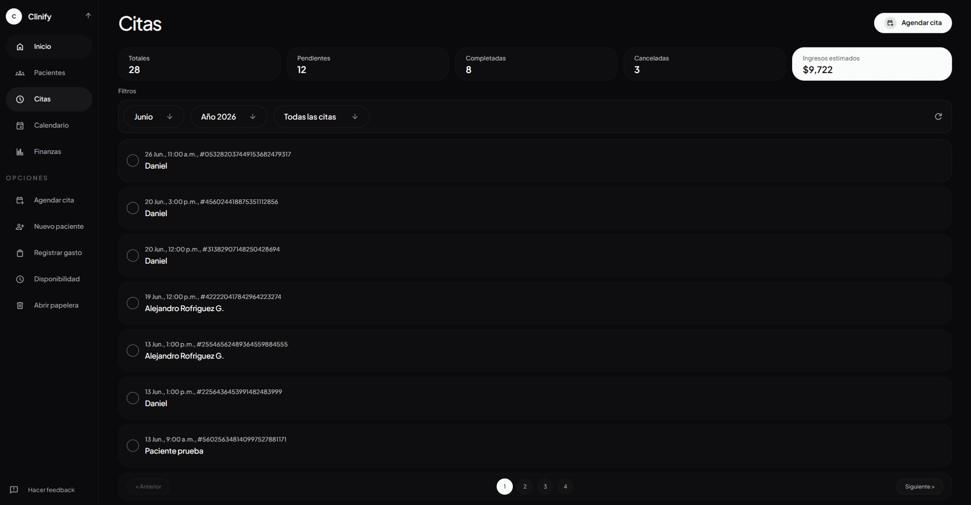 Pantalla de citas y agenda de Clinify